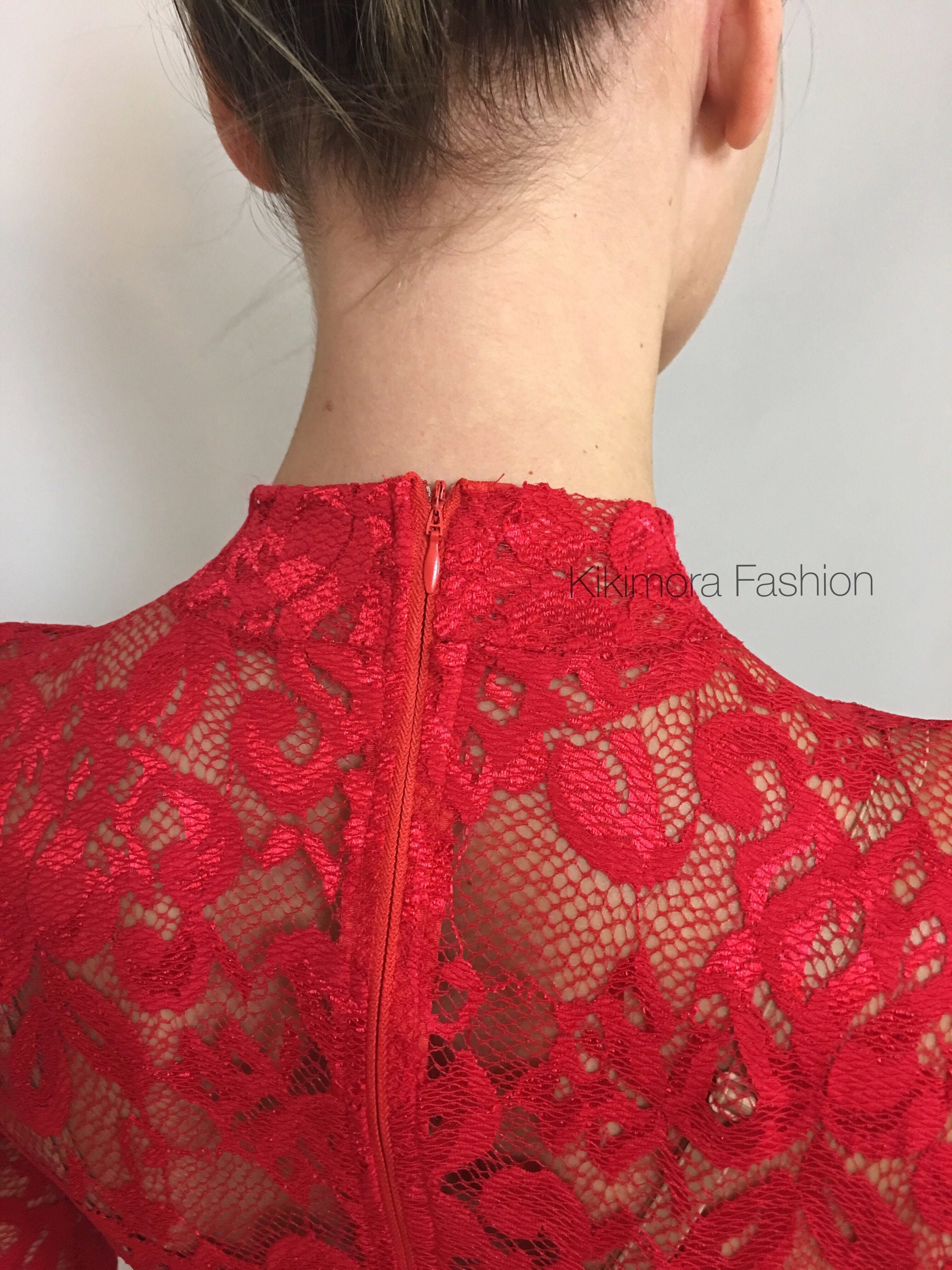Red Sheer Jumpsuit, Lace Catsuit, Scoop Neck, Full Sleeves
