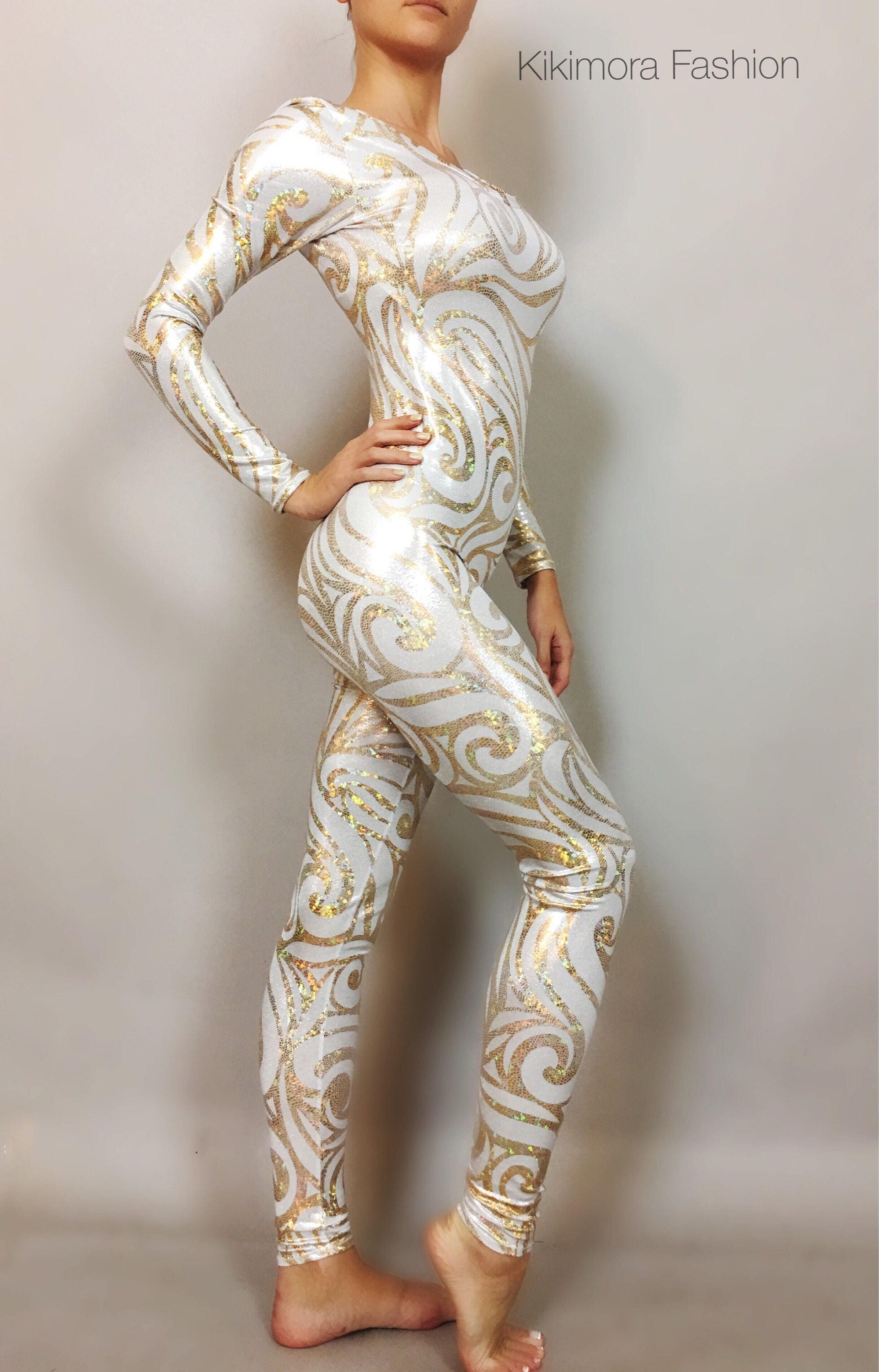 White and Gold Catsuit Bodysuit, Full Sleeves, Round Neck