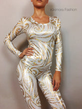 White and Gold Catsuit Bodysuit, Full Sleeves, Round Neck