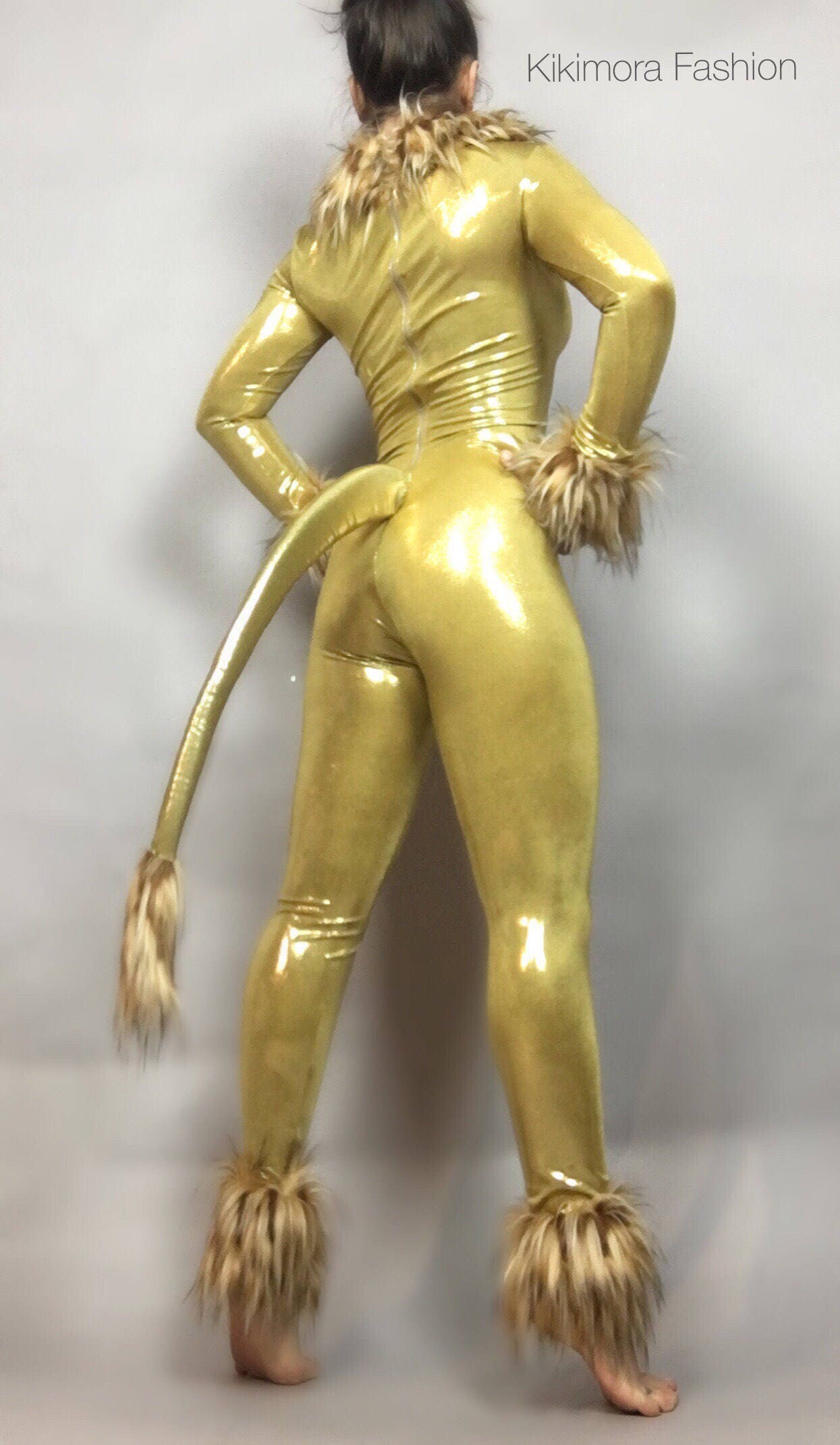 Golden Lion Catsuit, Fur Trim, Full Sleeves, Includes a Long Tail