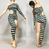 Multicolor Harlequin Catsuit, Spandex Jumpsuit, Asymmetric Design, Cut-outs