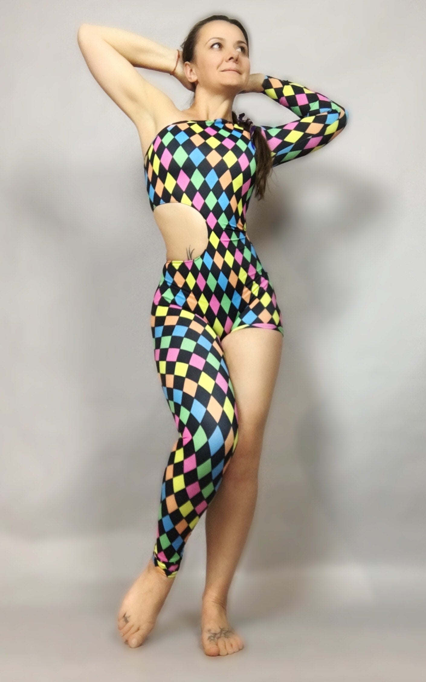 Multicolor Harlequin Catsuit, Spandex Jumpsuit, Asymmetric Design, Cut-outs