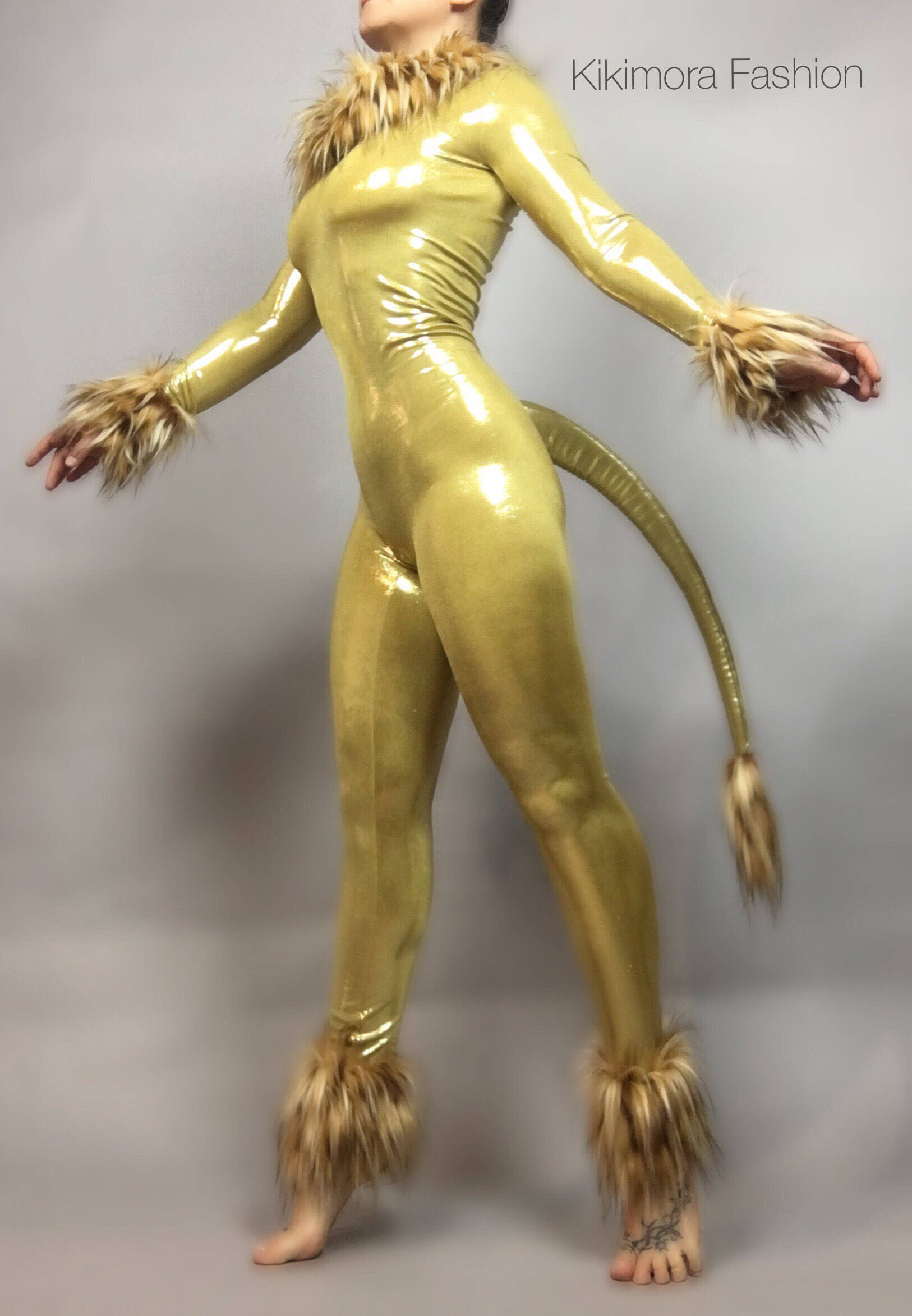 Golden Lion Catsuit, Fur Trim, Full Sleeves, Includes a Long Tail
