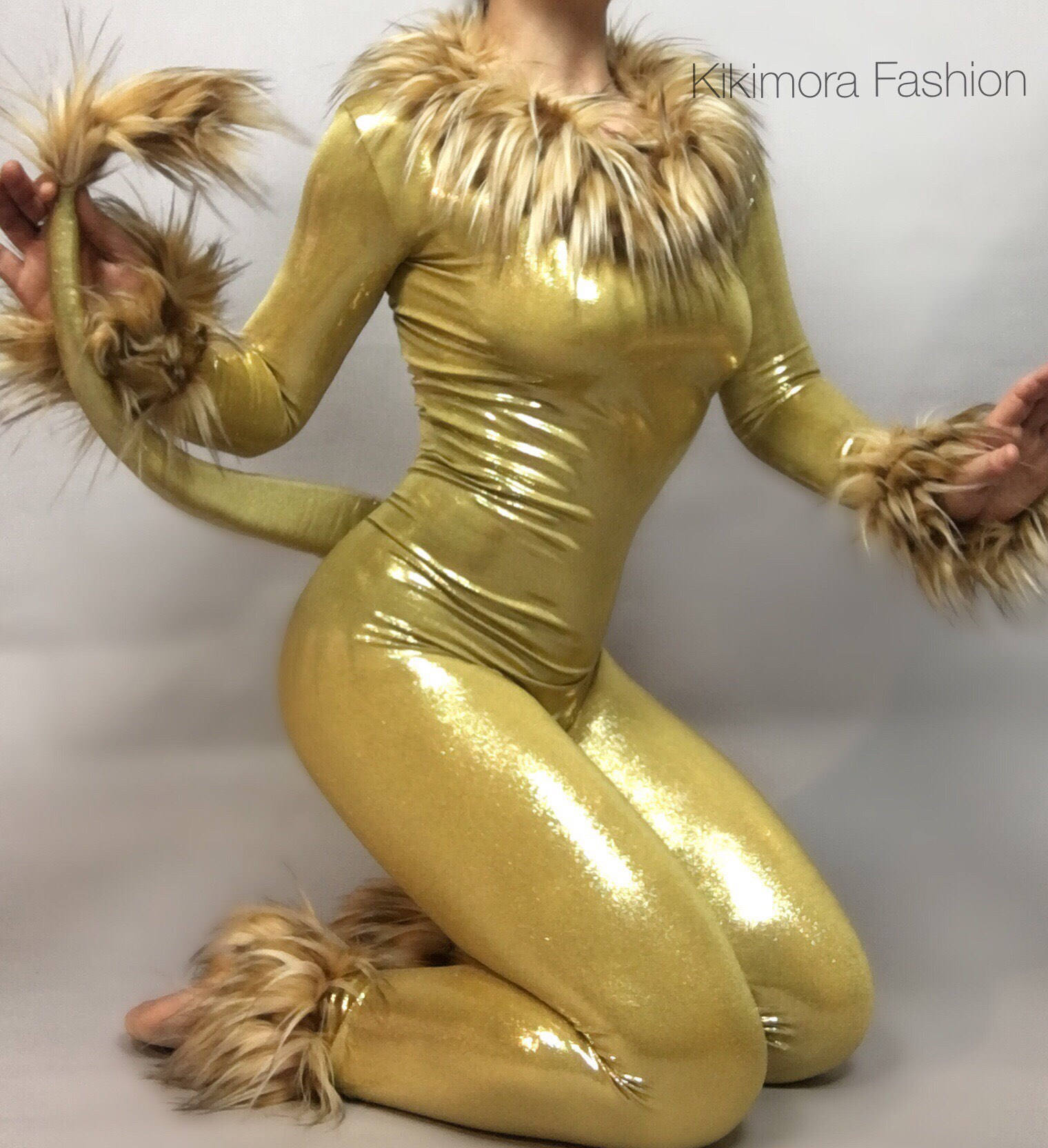 Golden Lion Catsuit, Fur Trim, Full Sleeves, Includes a Long Tail