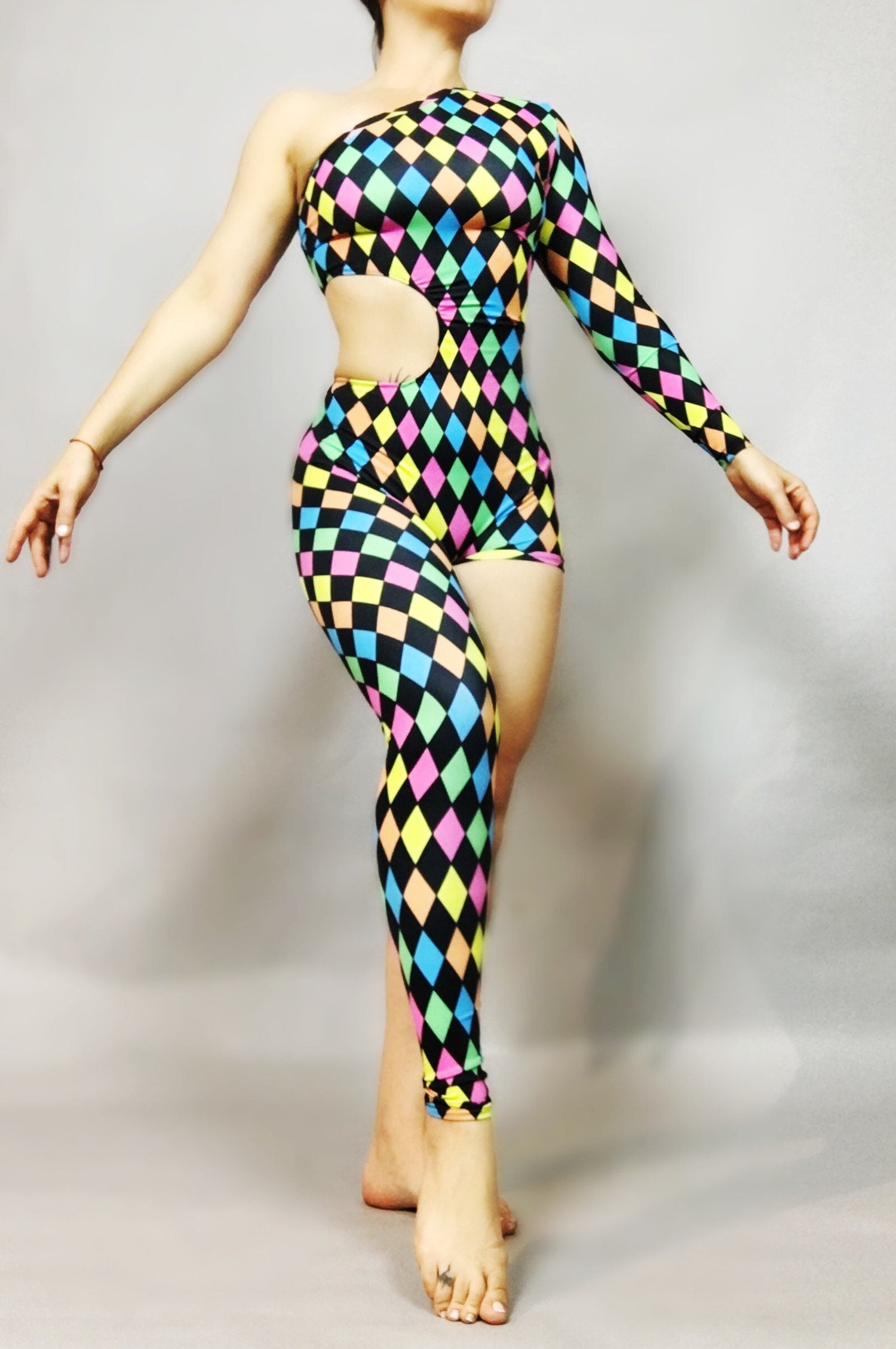 Multicolor Harlequin Catsuit, Spandex Jumpsuit, Asymmetric Design, Cut-outs