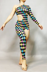 Multicolor Harlequin Catsuit, Spandex Jumpsuit, Asymmetric Design, Cut-outs