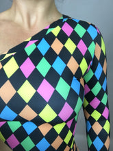 Multicolor Harlequin Catsuit, Spandex Jumpsuit, Asymmetric Design, Cut-outs
