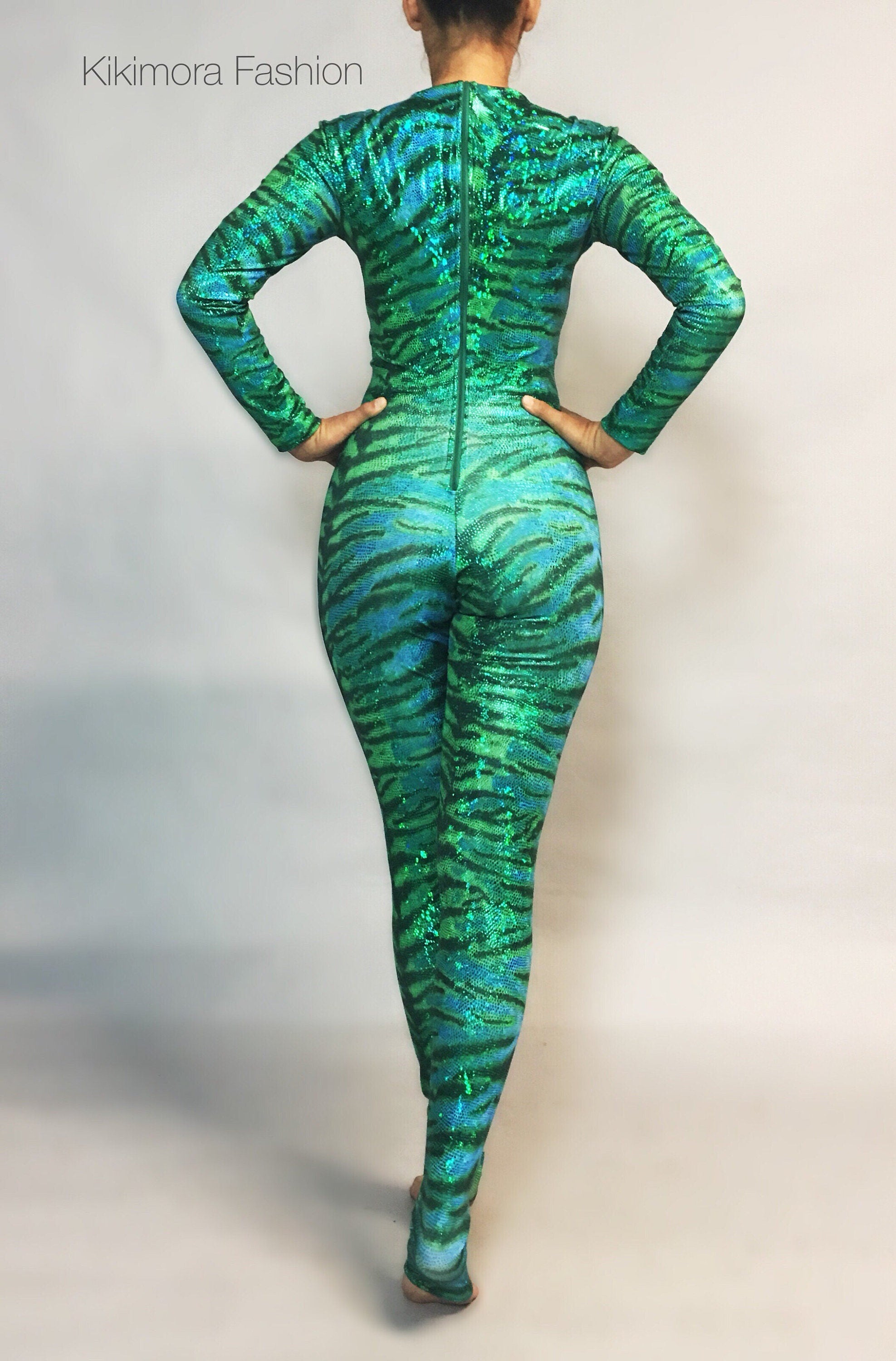 Tiger Green. Catsuit, bodysuit costume for aerial ,contortion show, trending now, exotic dance wear.