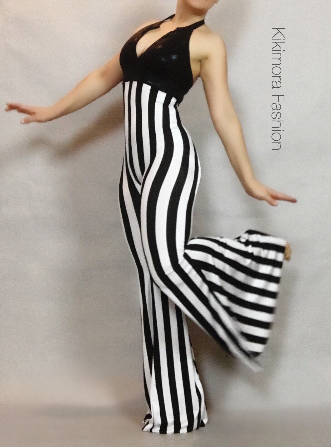 Black and White Bell Bottom Jumpsuit, Halterneck, Sleeveless