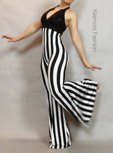 Black and White Bell Bottom Jumpsuit, Halterneck, Sleeveless