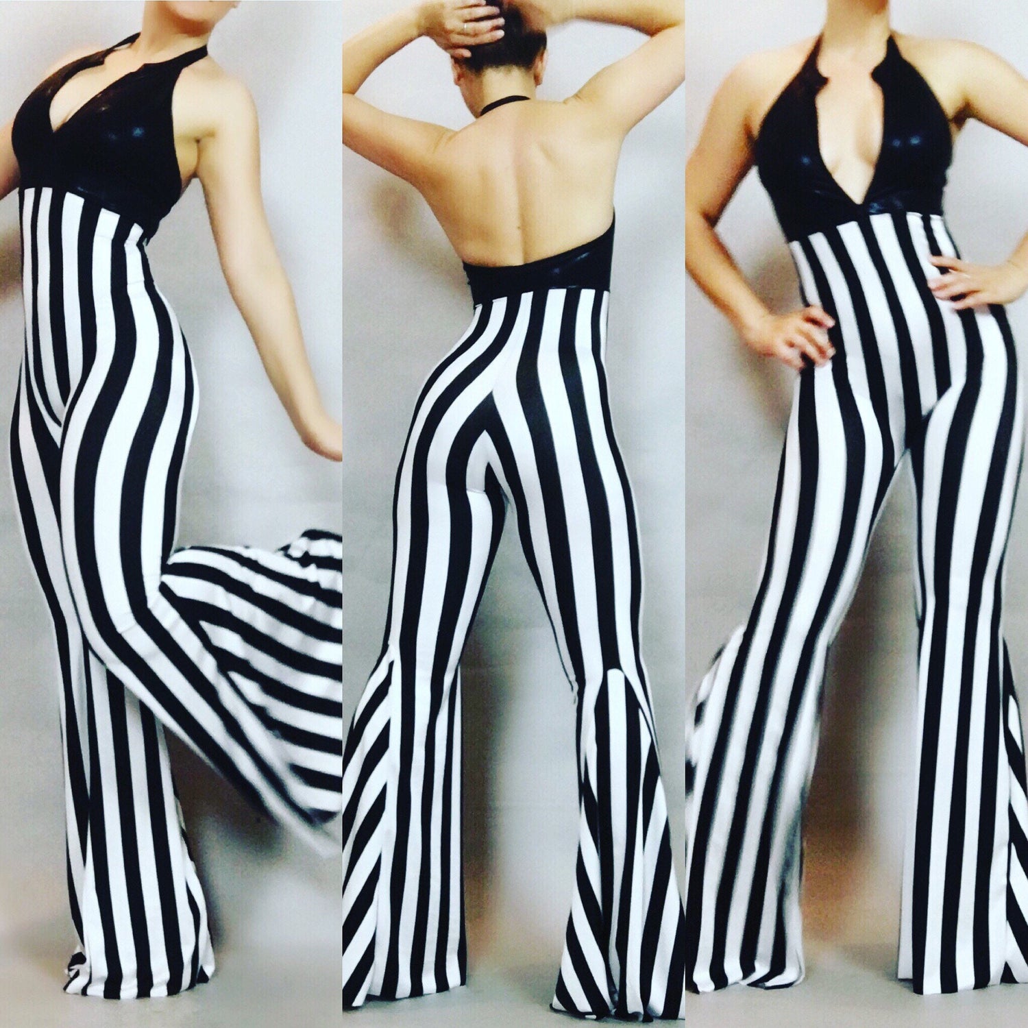 Black and White Bell Bottom Jumpsuit, Halterneck, Sleeveless