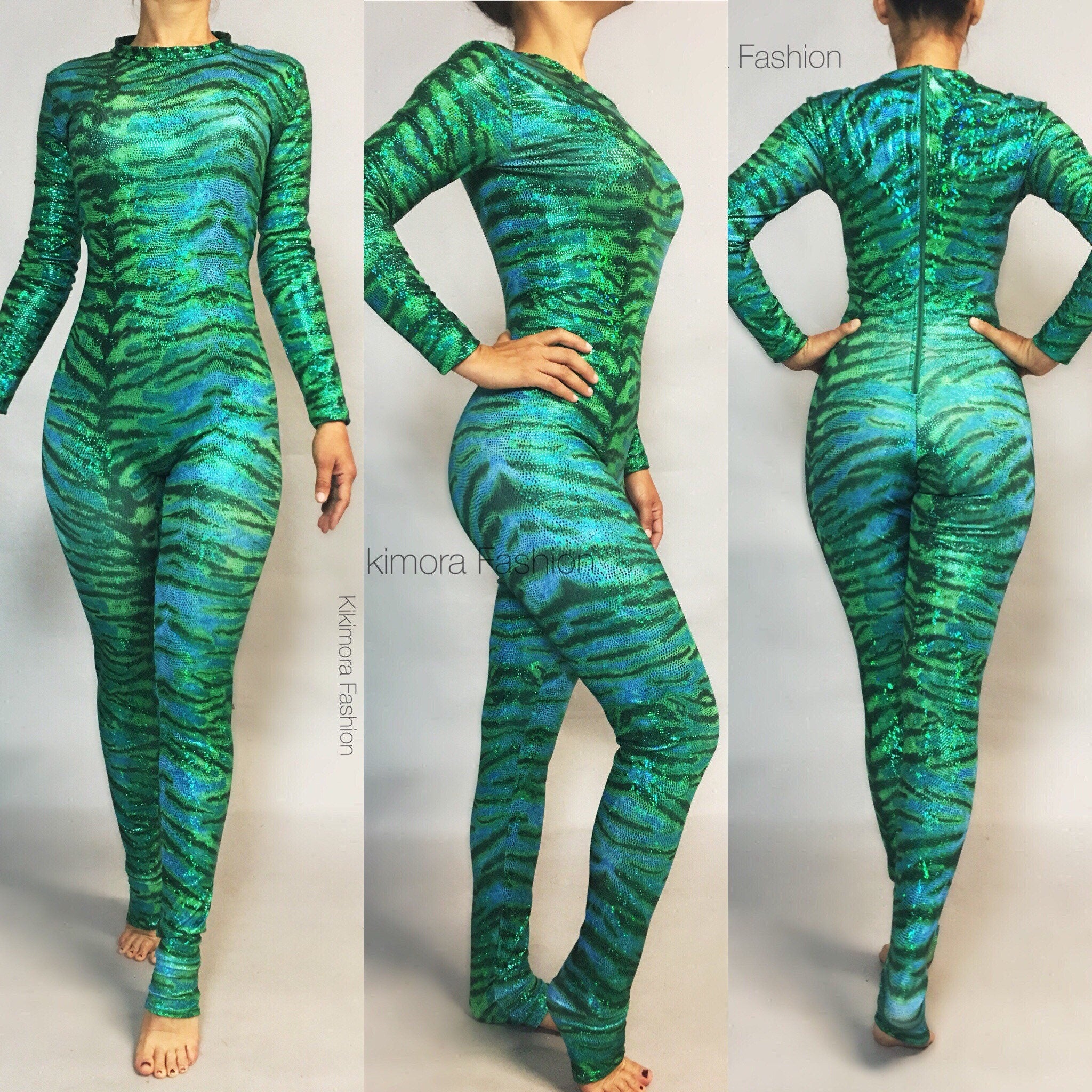 Tiger Green. Catsuit, bodysuit costume for aerial ,contortion show, trending now, exotic dance wear.