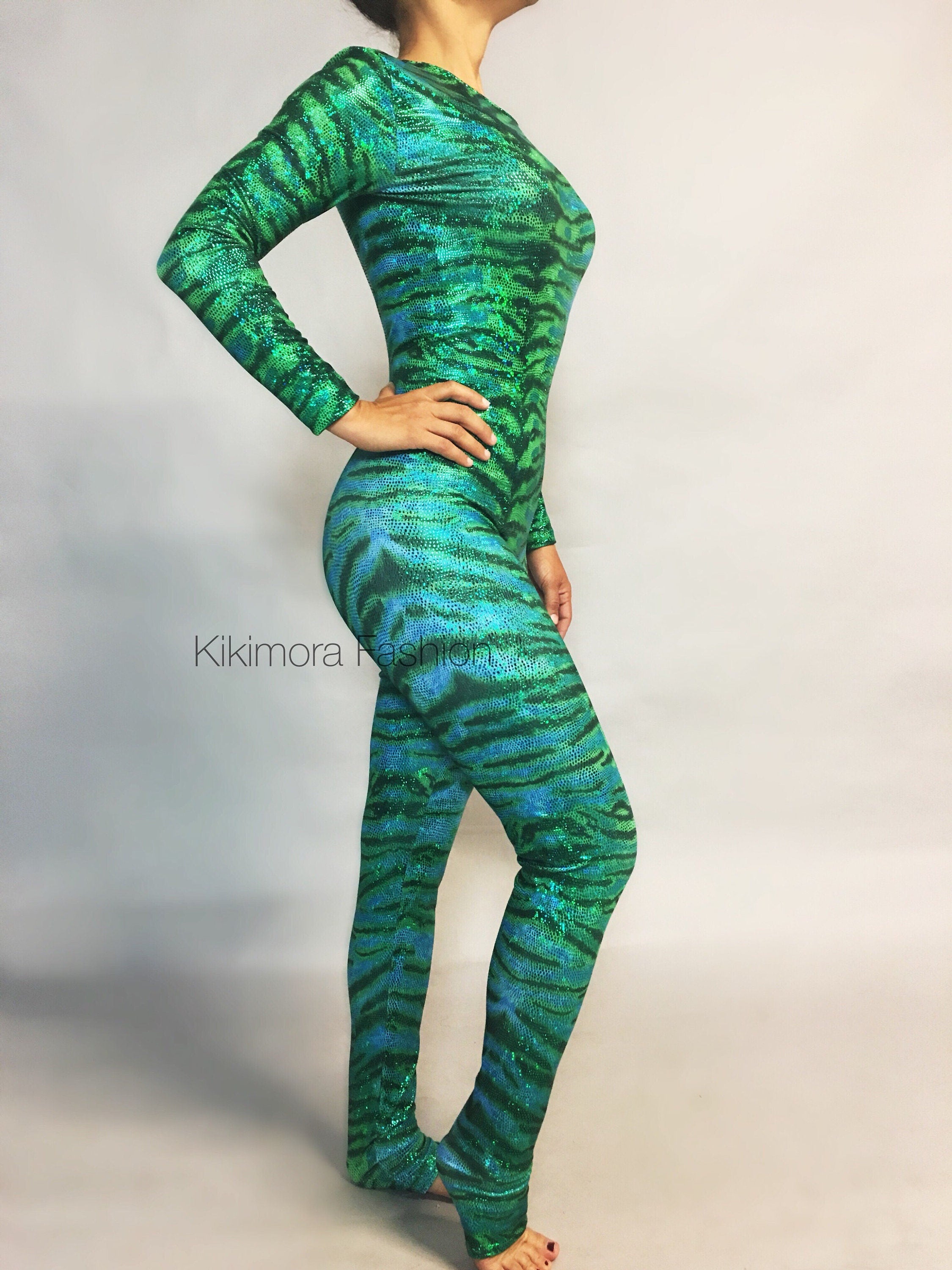Tiger Green. Catsuit, bodysuit costume for aerial ,contortion show, trending now, exotic dance wear.