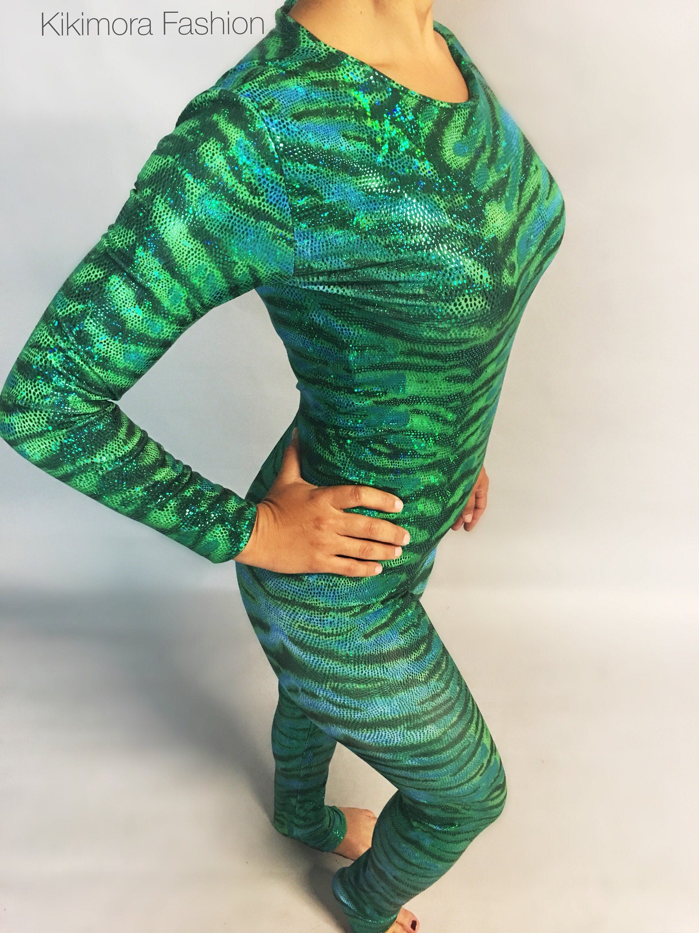Tiger Green. Catsuit, bodysuit costume for aerial ,contortion show, trending now, exotic dance wear.