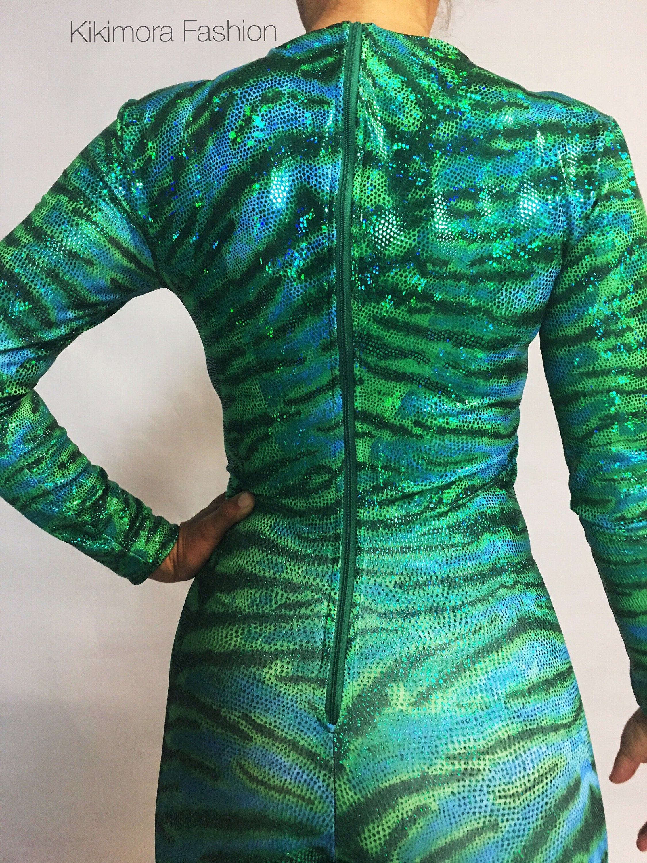 Tiger Green. Catsuit, bodysuit costume for aerial ,contortion show, trending now, exotic dance wear.