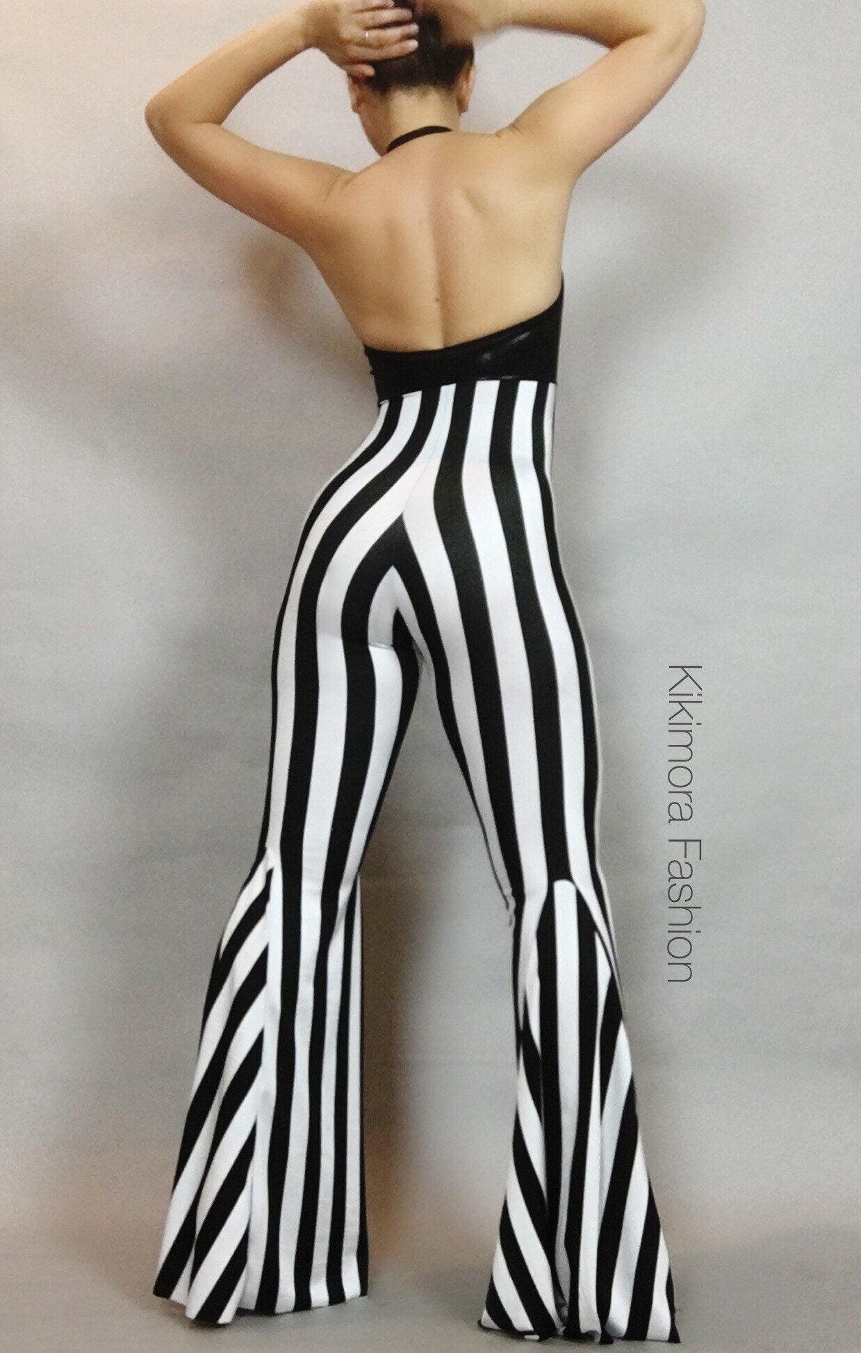 Black and White Bell Bottom Jumpsuit, Halterneck, Sleeveless