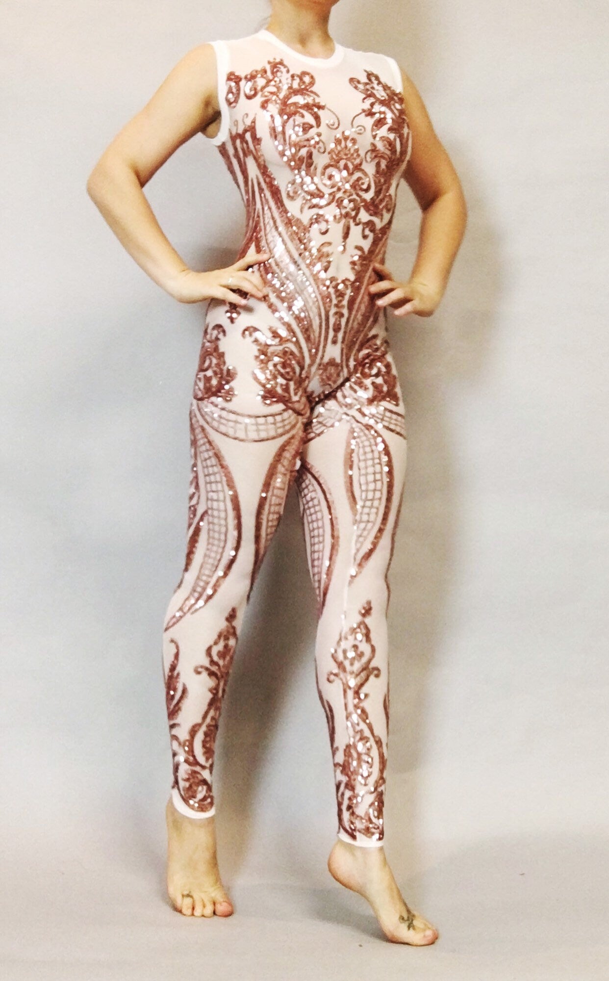 Beautiful Sequins Jumpsuit, Showgirl Costume, Wedding Bodysuit for Women or Men, Sheer Clothing, Bellydance Costume, Bridal Wear