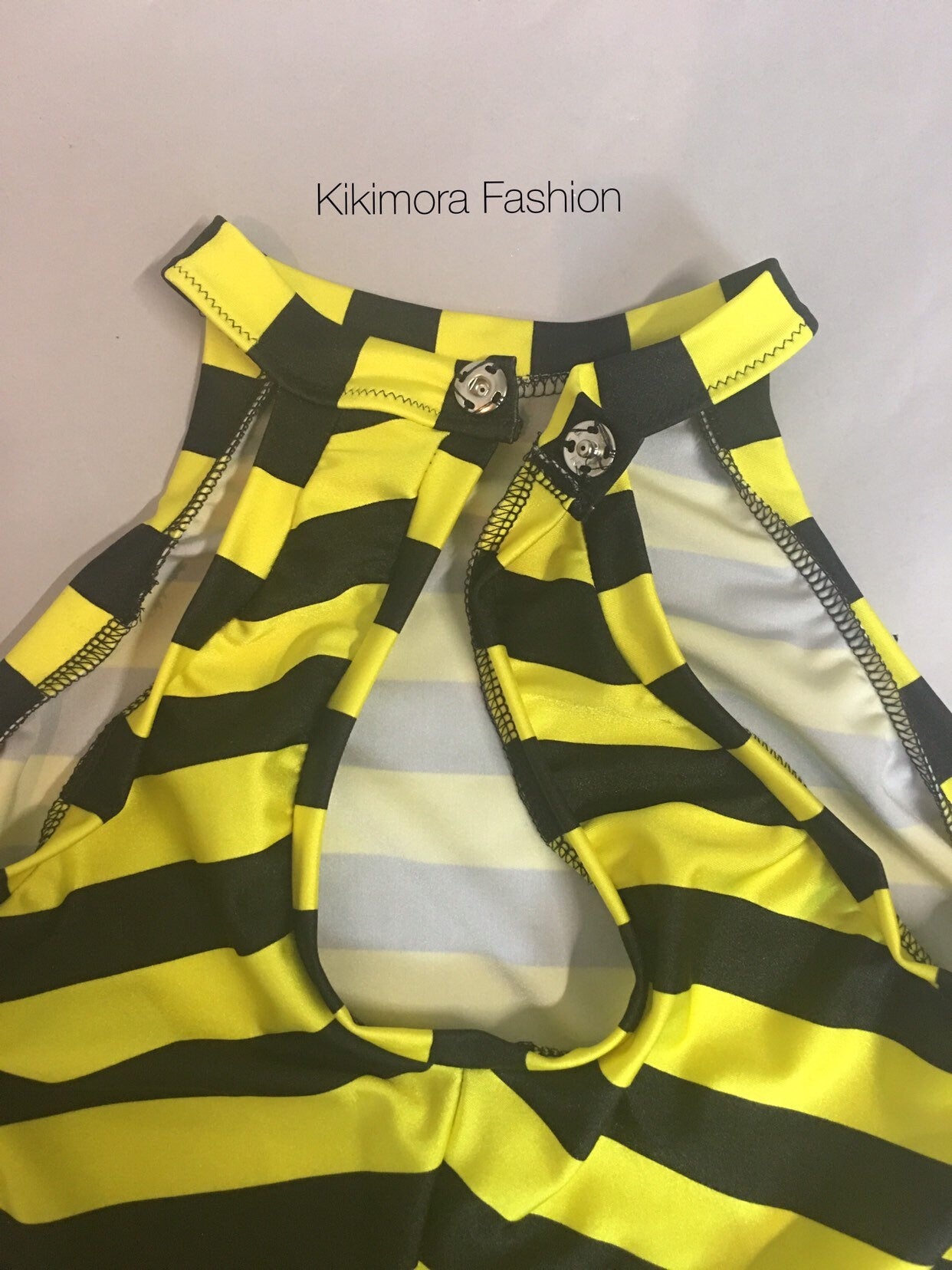 Black and Yellow Striped Leotard and Leggings Set, Halterneck, Sleeveless