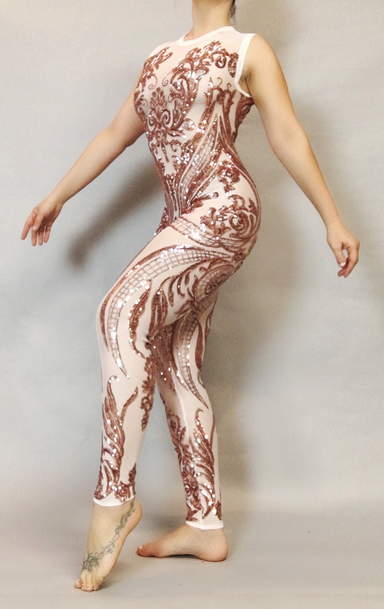 Beautiful Sequins Jumpsuit, Showgirl Costume, Wedding Bodysuit for Women or Men, Sheer Clothing, Bellydance Costume, Bridal Wear
