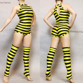 Black and Yellow Striped Leotard and Leggings Set, Halterneck, Sleeveless