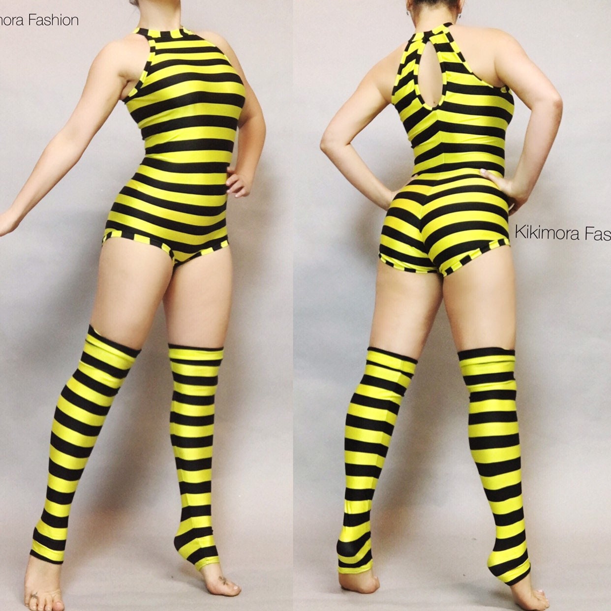 Black and Yellow Striped Leotard and Leggings Set, Halterneck, Sleeveless
