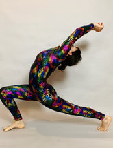 Night Glow Jumpsuit, Multicolor Shiny Holographic Catsuit, Long Sleeves, Turtleneck