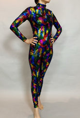 Night Glow Jumpsuit, Multicolor Shiny Holographic Catsuit, Long Sleeves, Turtleneck