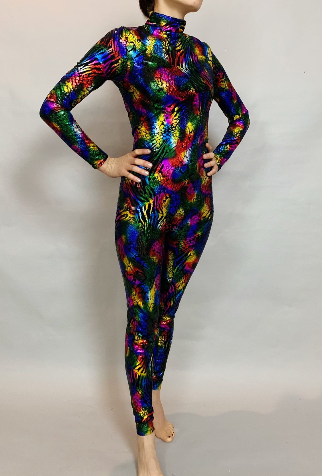 Night Glow Jumpsuit, Multicolor Shiny Holographic Catsuit, Long Sleeves, Turtleneck