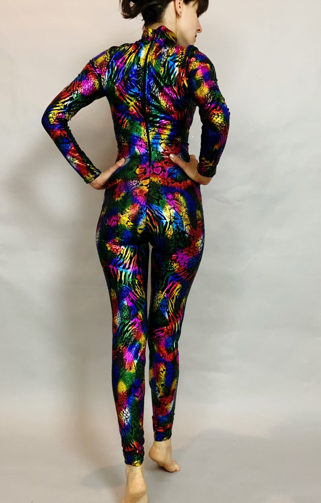 Night Glow Jumpsuit, Multicolor Shiny Holographic Catsuit, Long Sleeves, Turtleneck