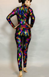 Night Glow Jumpsuit, Multicolor Shiny Holographic Catsuit, Long Sleeves, Turtleneck