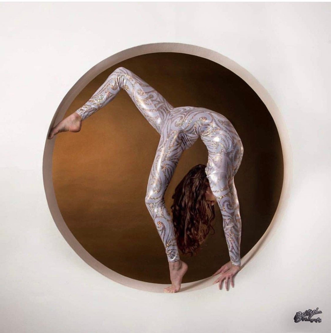 White and Gold Catsuit Bodysuit, Full Sleeves, Round Neck