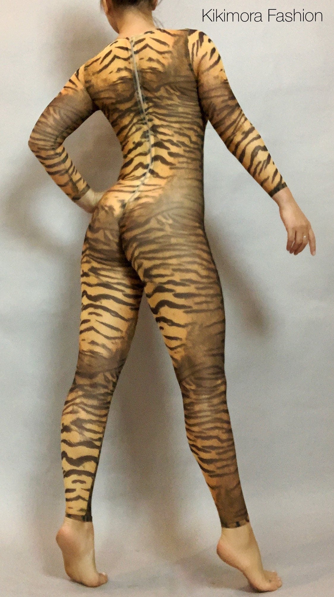 Tiger Print Sheer Catsuit, Power Mesh Bodysuit, Full Sleeves