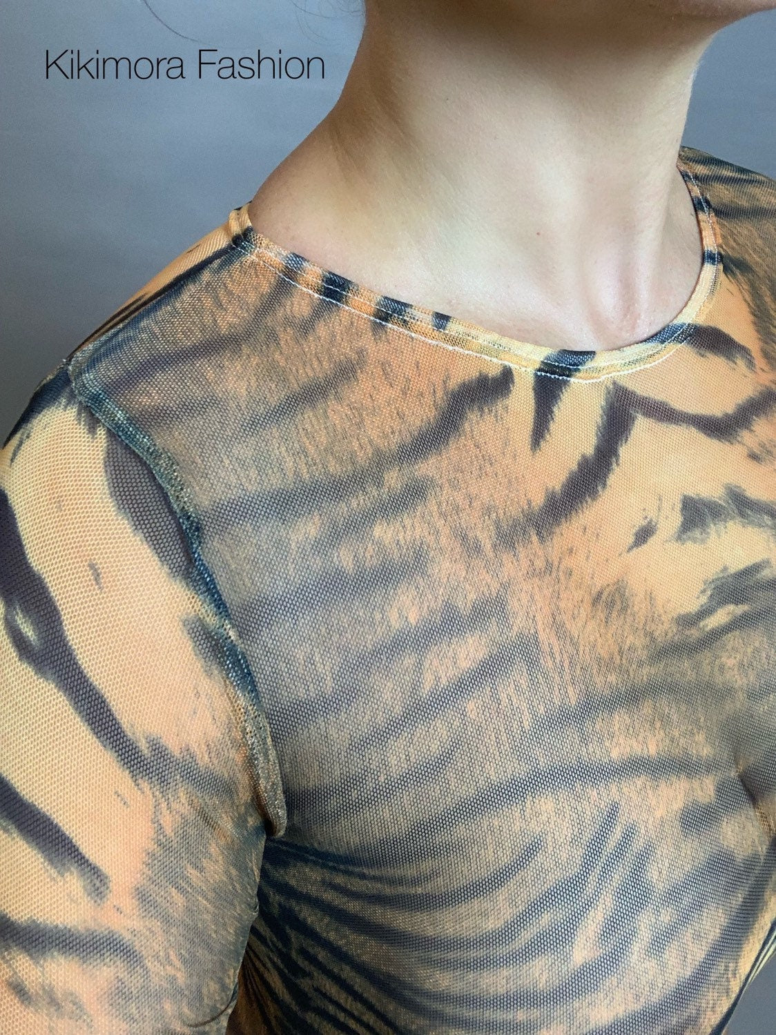 Tiger Print Sheer Catsuit, Power Mesh Bodysuit, Full Sleeves