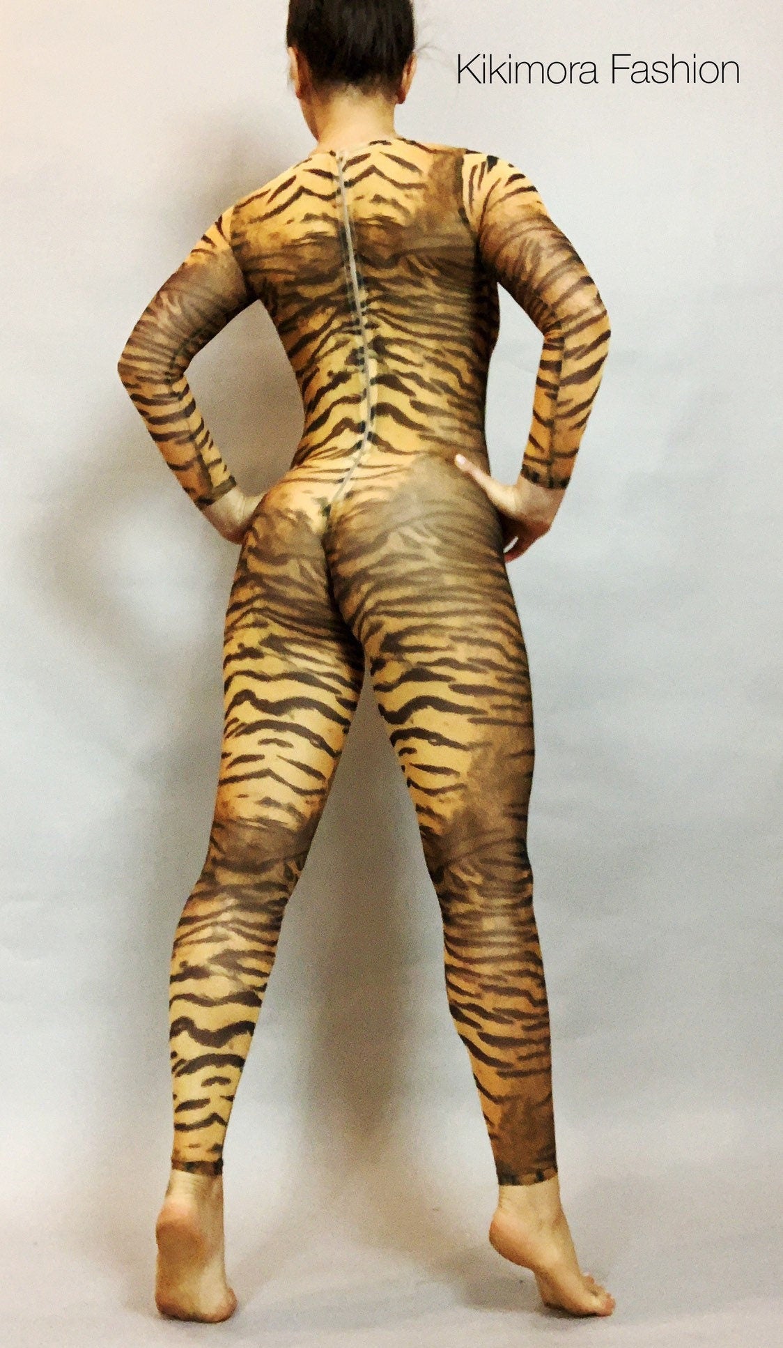 Tiger Print Sheer Catsuit, Power Mesh Bodysuit, Full Sleeves