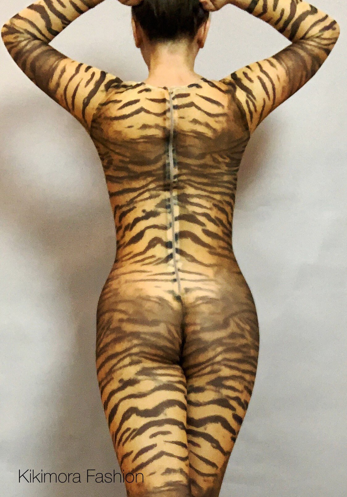 Tiger Print Sheer Catsuit, Power Mesh Bodysuit, Full Sleeves