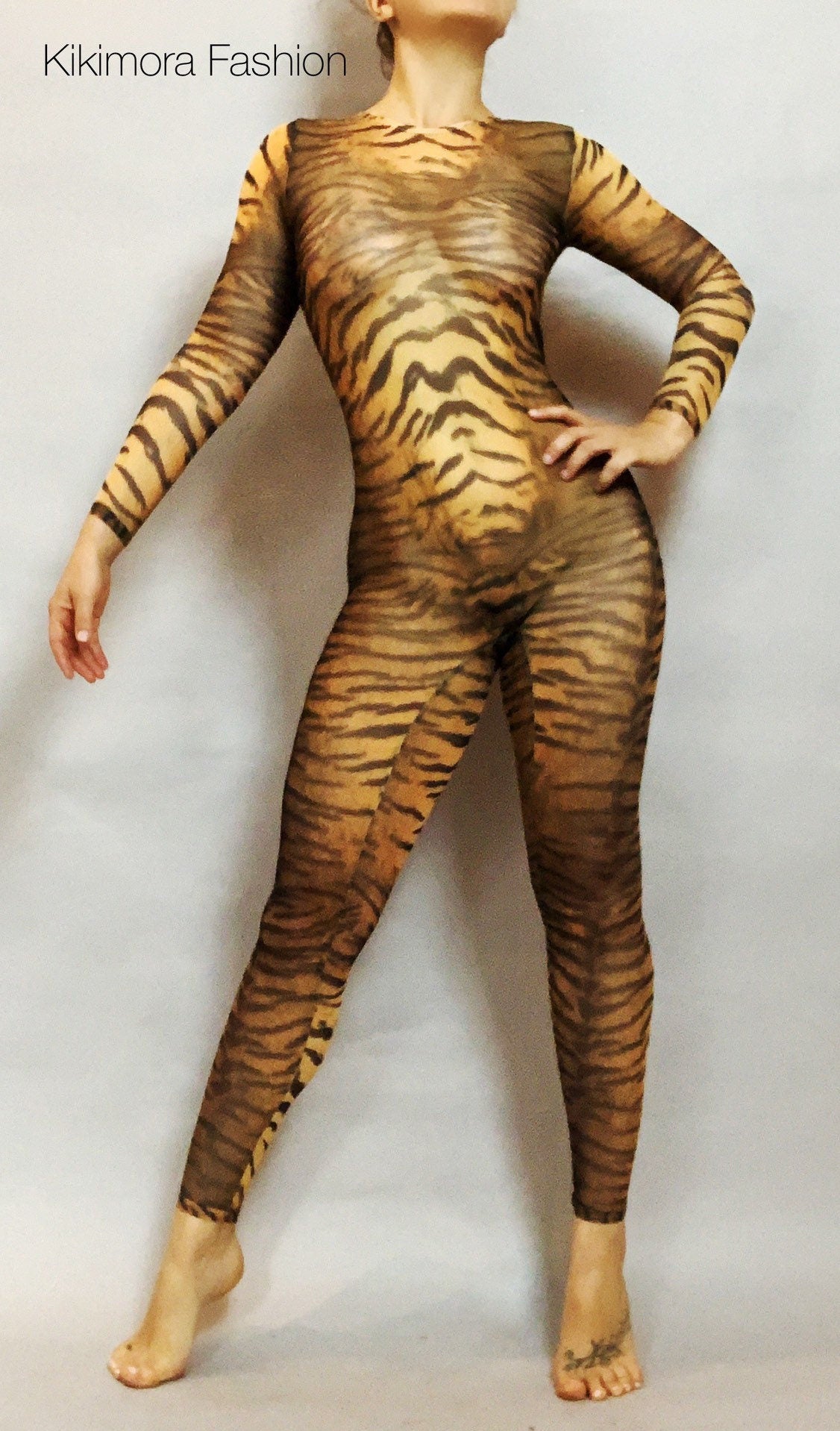 Tiger Print Sheer Catsuit, Power Mesh Bodysuit, Full Sleeves