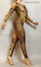 Tiger Print Sheer Catsuit, Power Mesh Bodysuit, Full Sleeves