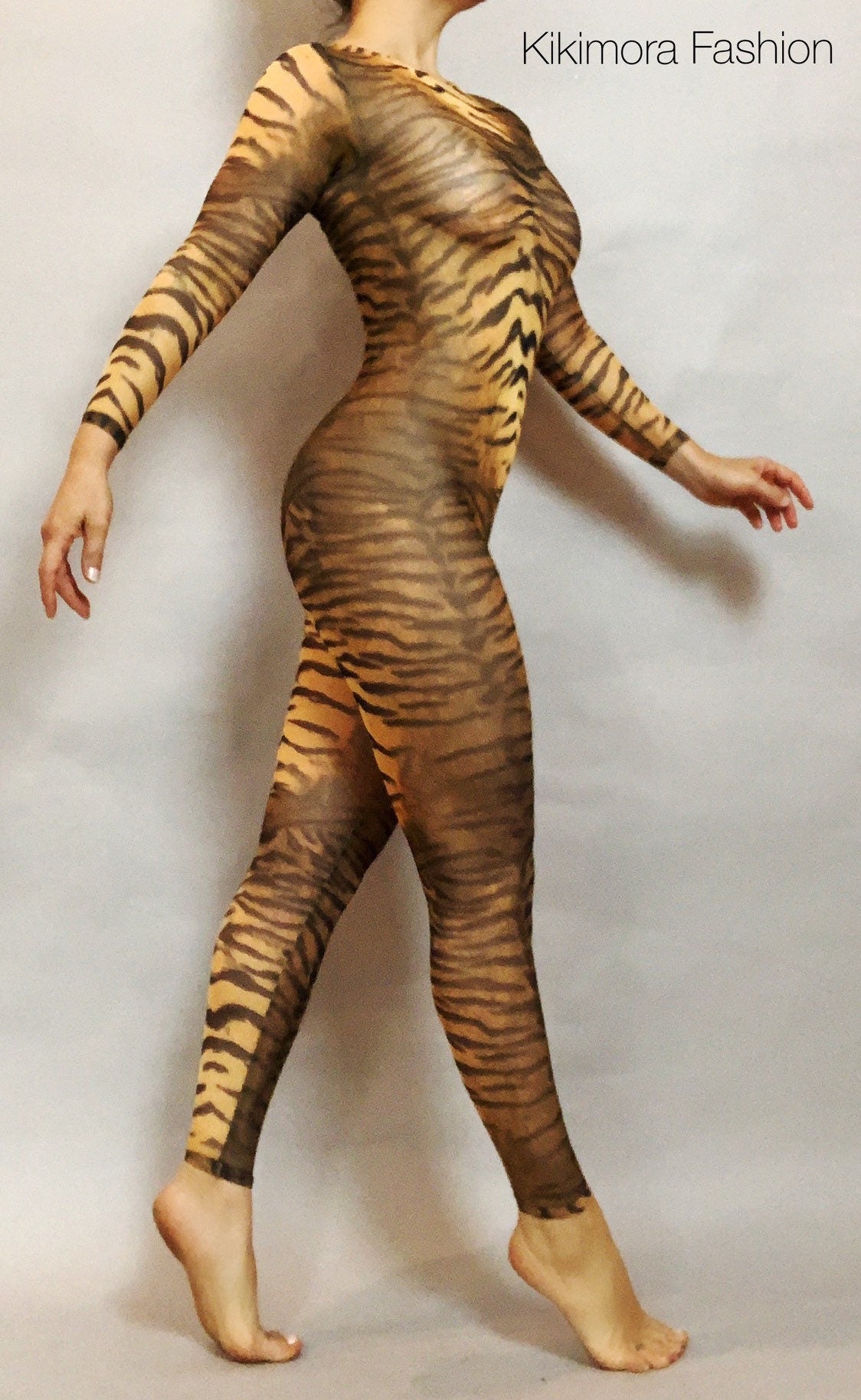 Tiger Print Sheer Catsuit, Power Mesh Bodysuit, Full Sleeves