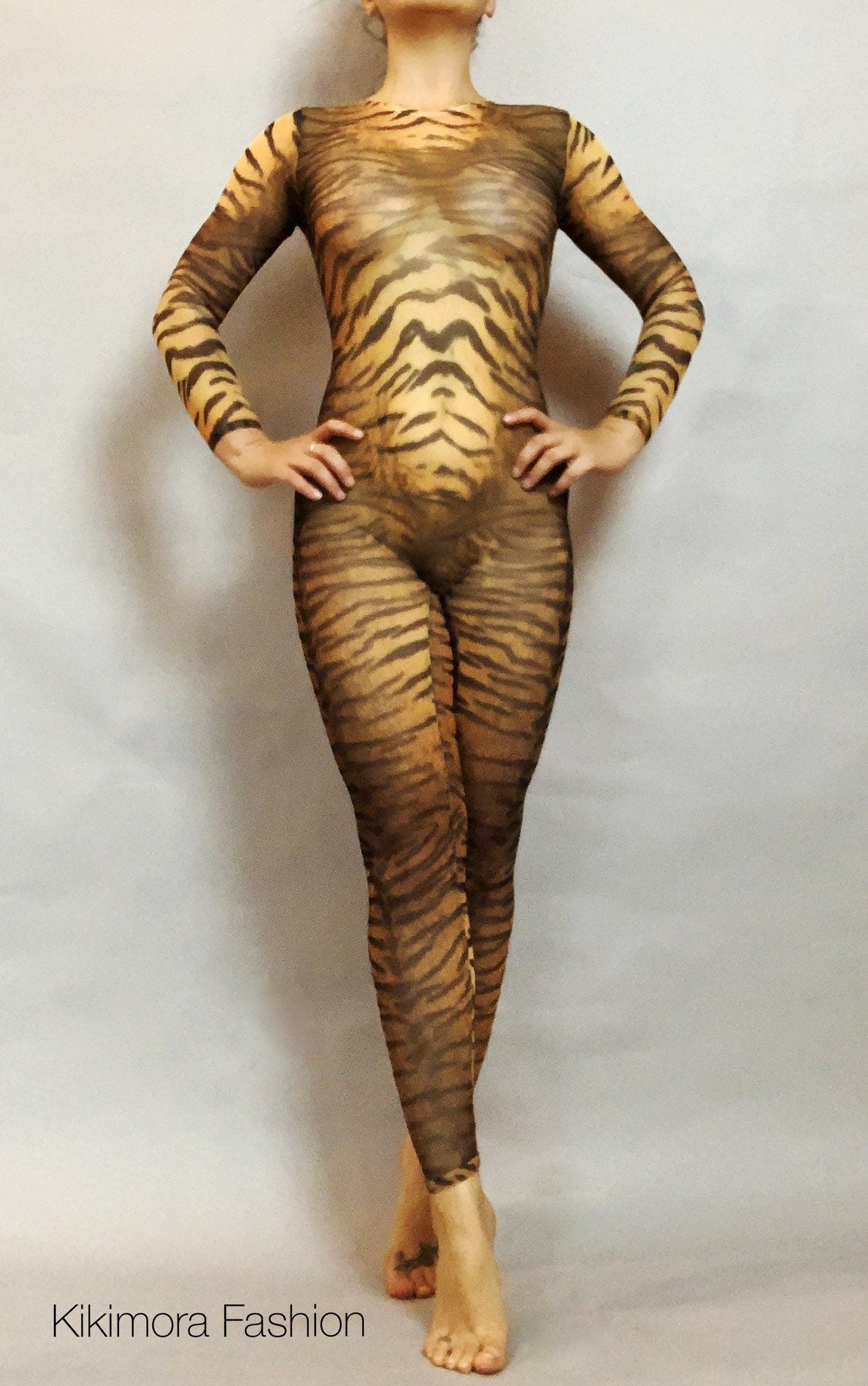 Tiger Print Sheer Catsuit, Power Mesh Bodysuit, Full Sleeves