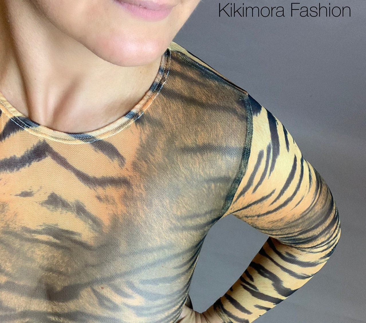 Tiger Print Sheer Catsuit, Power Mesh Bodysuit, Full Sleeves