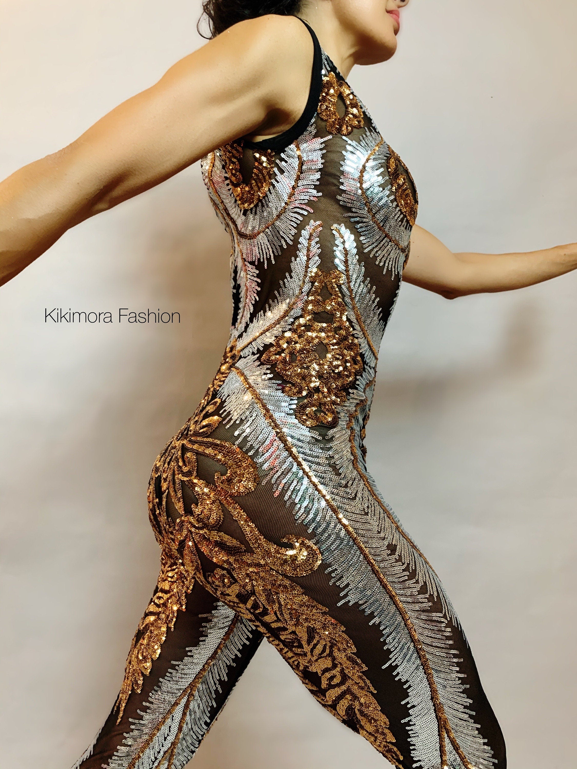 Black, Gold, and Silver Sequin Catsuit, Boat Neck, Sleeveless