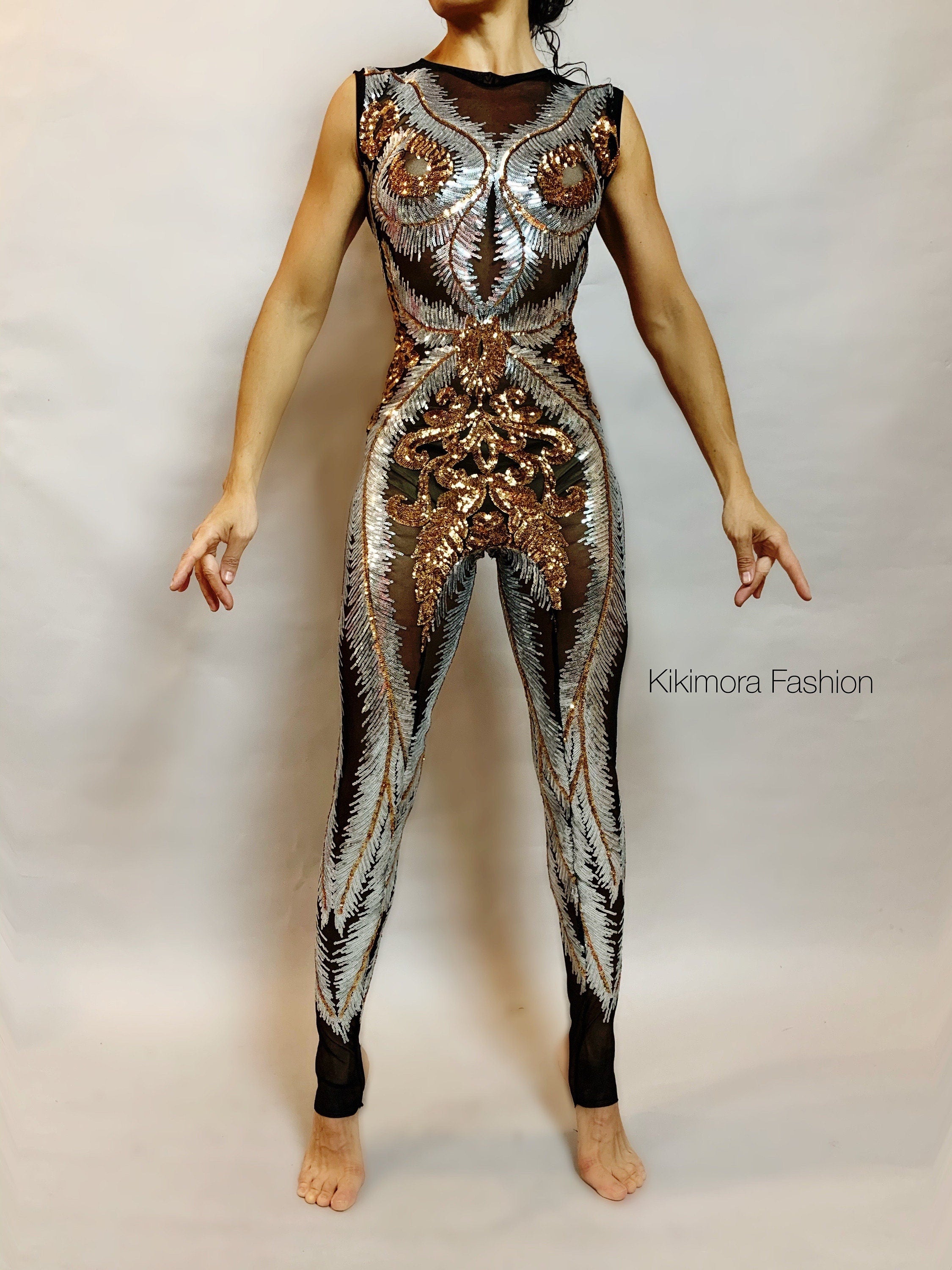 Black, Gold, and Silver Sequin Catsuit, Boat Neck, Sleeveless
