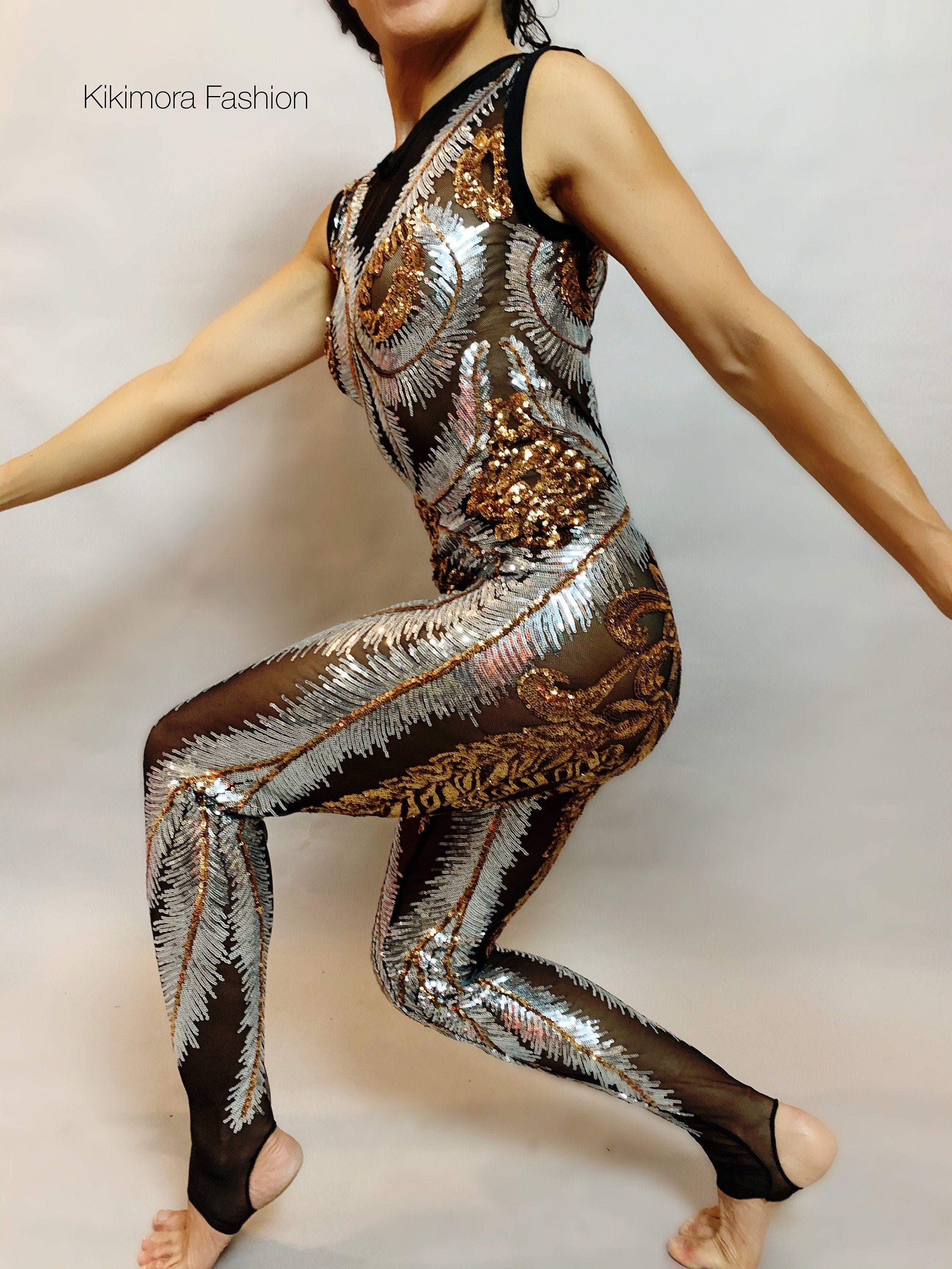 Sheer Catsuit, Sequins Jumpsuit, Circus Costume, Dancewear, Gogo Outfit, Contortionist Unitard, Aerial Gifts