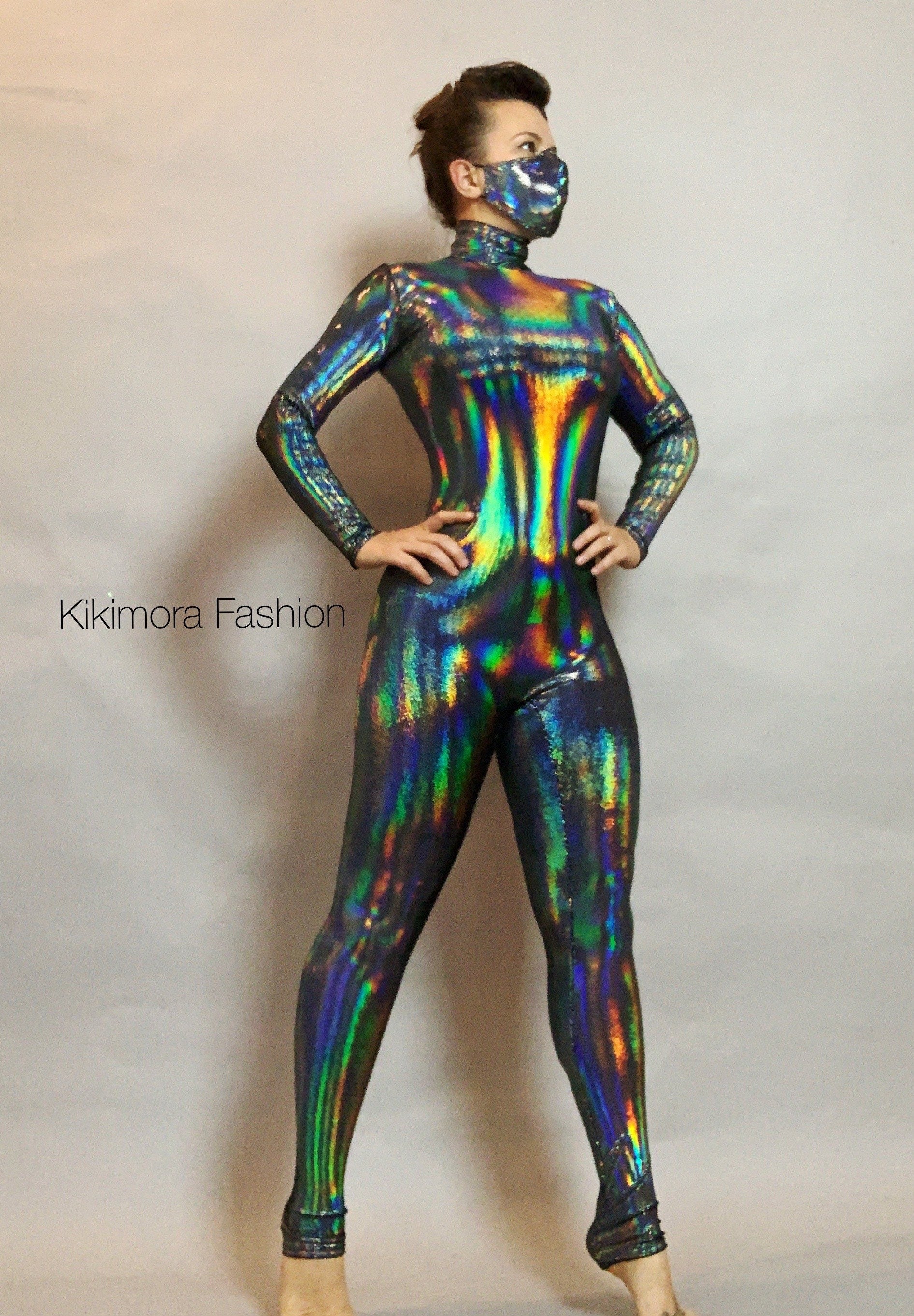Iridescent Black Catsuit Jumpsuit, Full Sleeves, Turtleneck