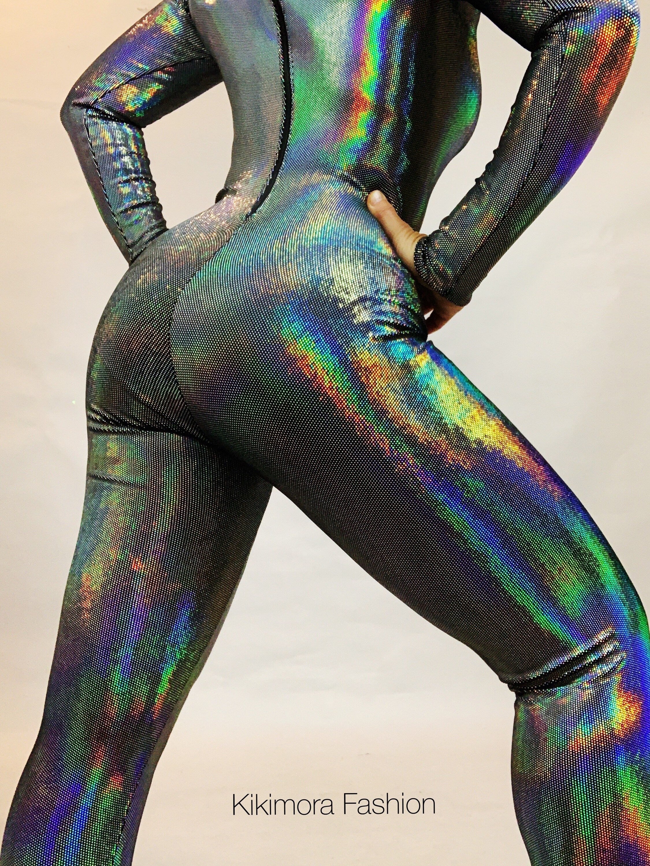 Iridescent Black Catsuit Jumpsuit, Full Sleeves, Turtleneck