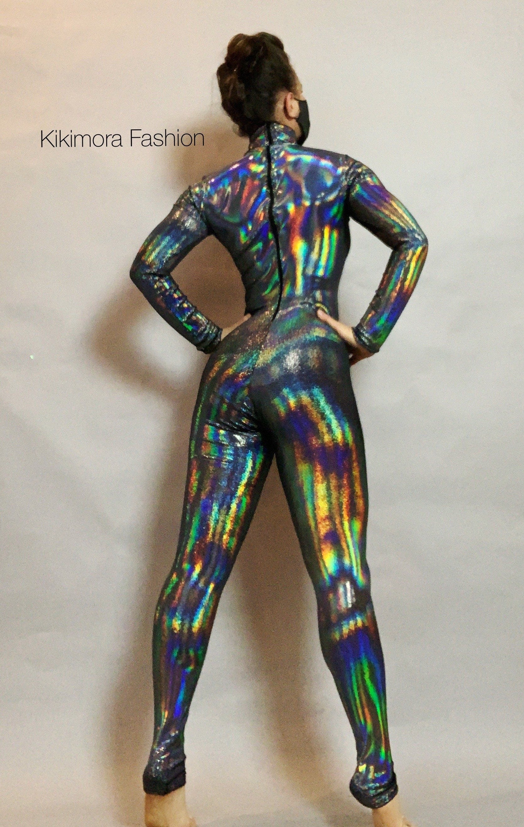 Iridescent Black Catsuit Jumpsuit, Full Sleeves, Turtleneck