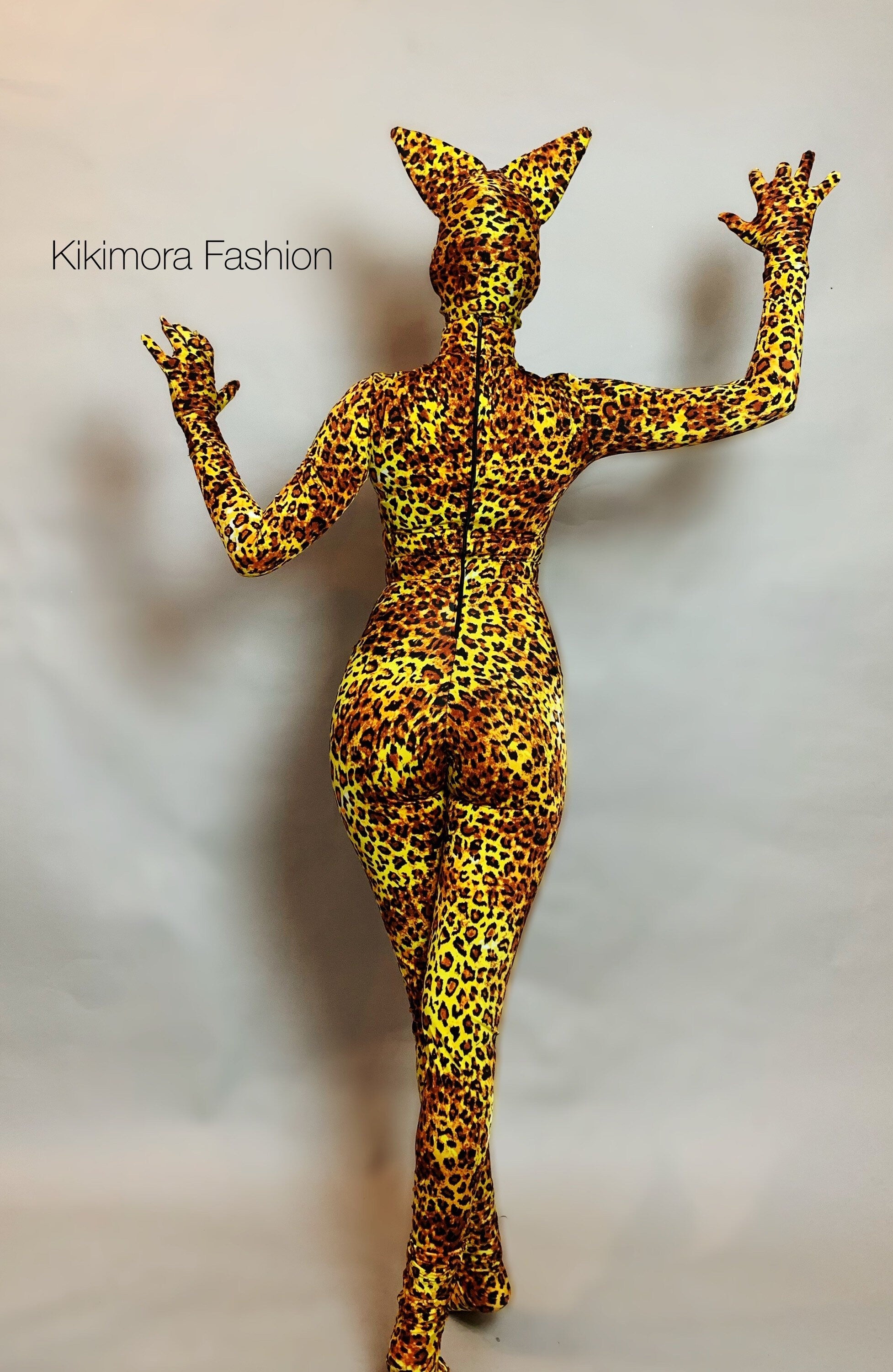 Cheetah Print Full Body Costume, Includes Headpiece with Cat Ears, Gloves, Socks
