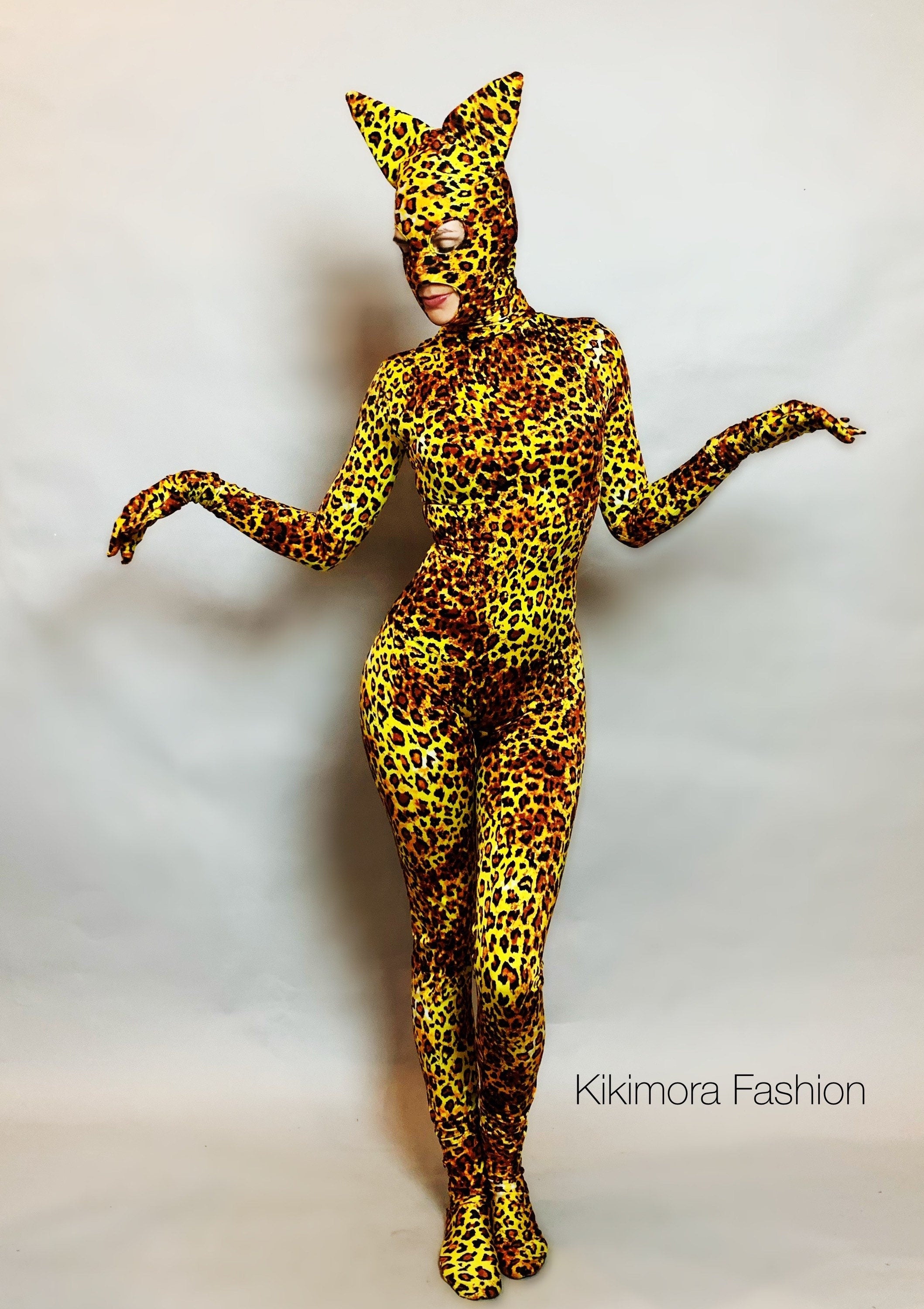 Cheetah Print Full Body Costume, Includes Headpiece with Cat Ears, Gloves, Socks
