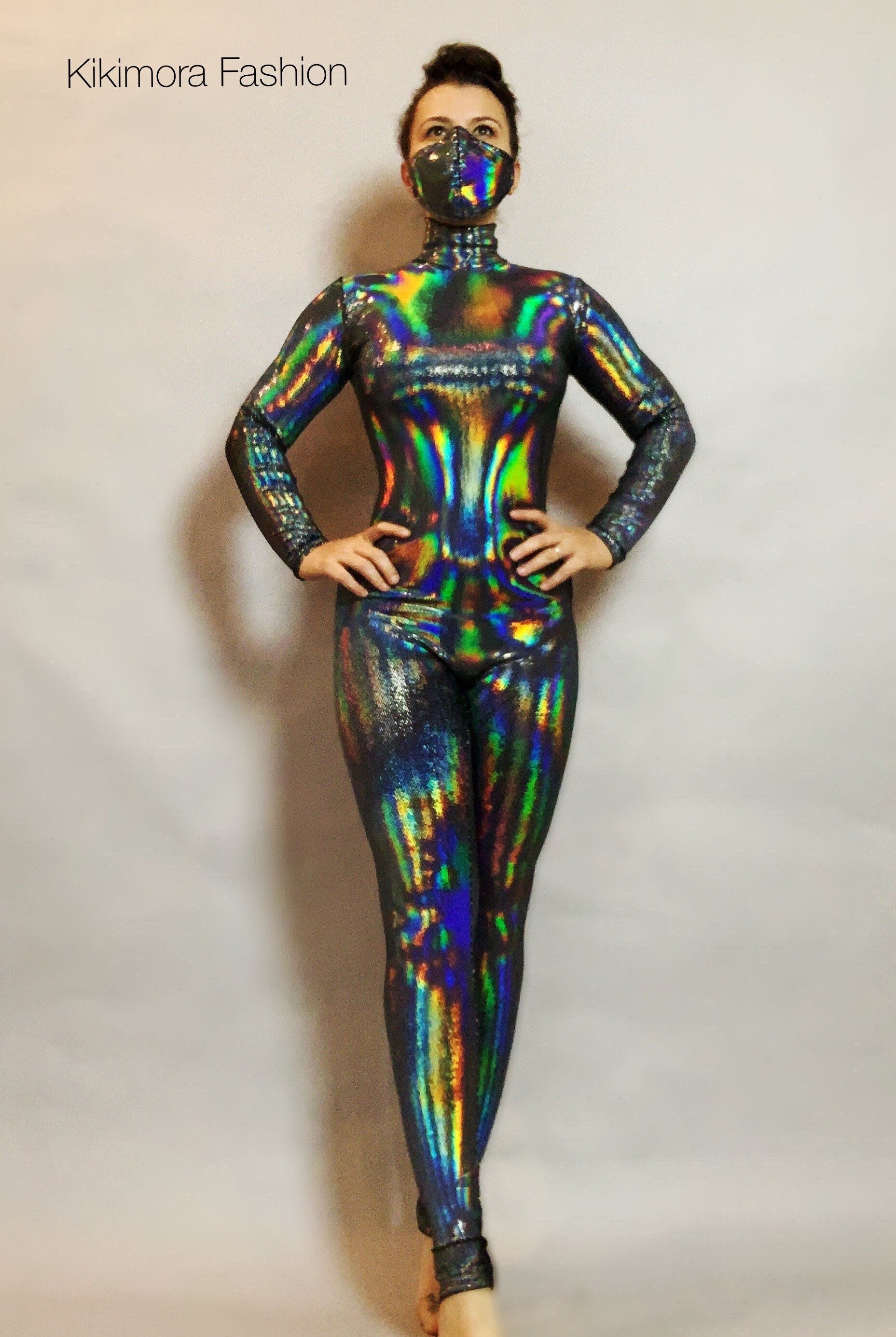 Iridescent Black Catsuit Jumpsuit, Full Sleeves, Turtleneck