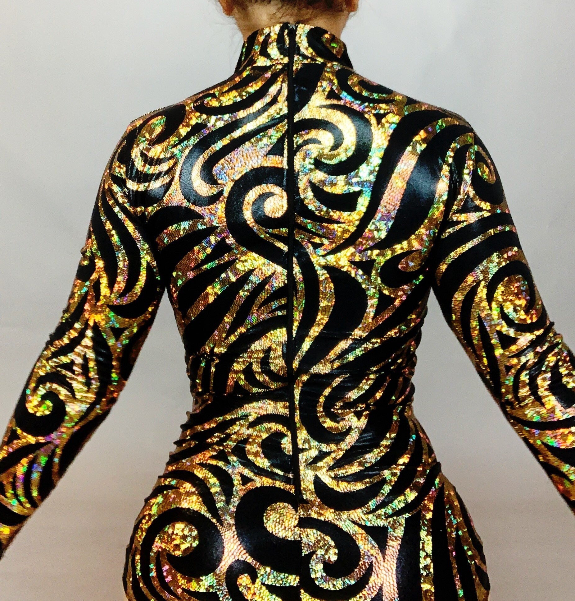 Black and Gold Shiny Leotard, Full Sleeves, Turtleneck